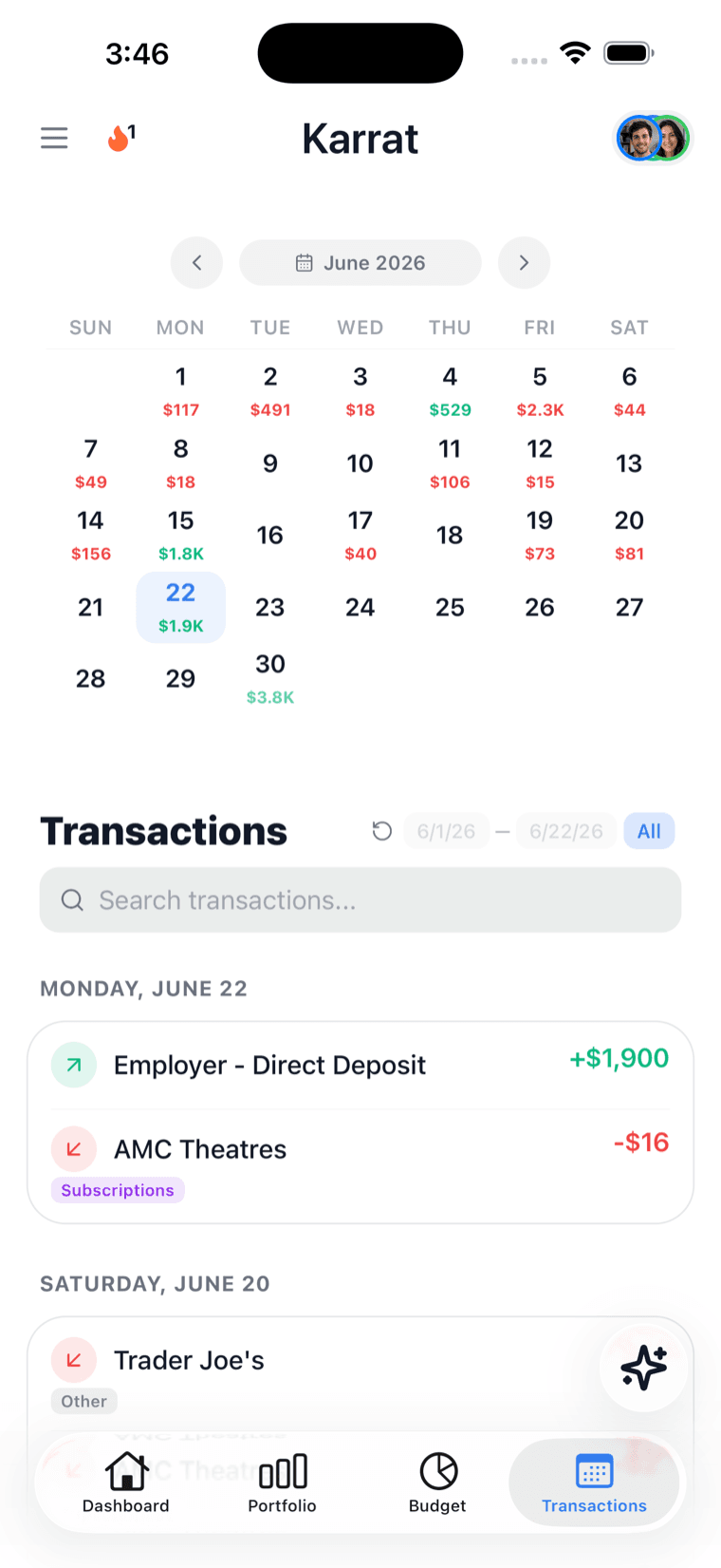 Karrat transactions list with synced bank activity
