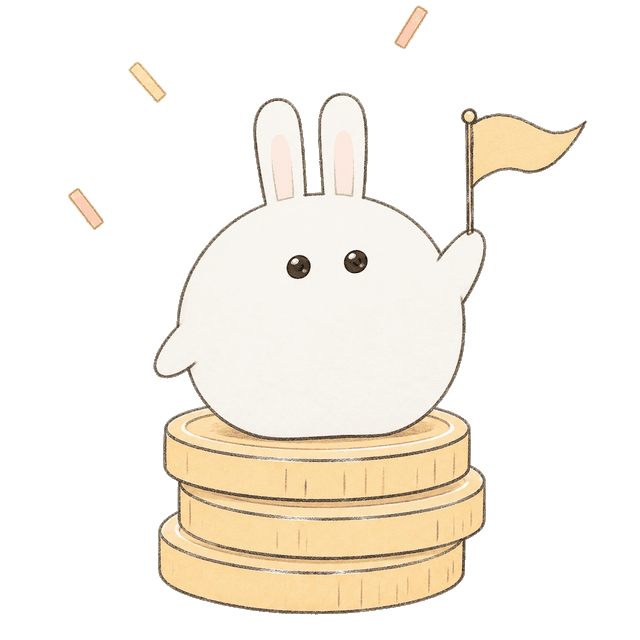 The karrat bunny standing on gold coins, waving a flag